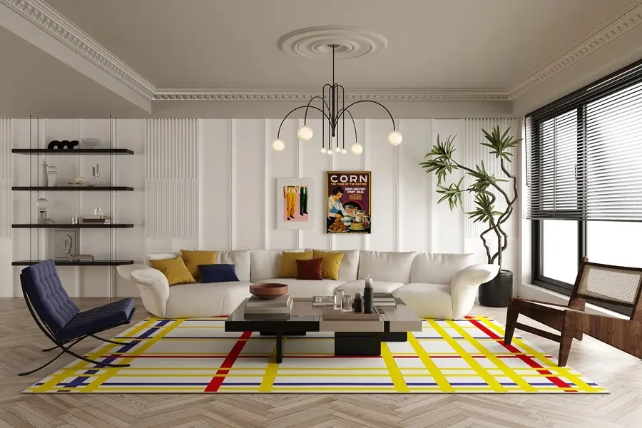 Home interior with custom art rug based on Piet Mondrian, artwork "New York City I". Rug is white with yellow and red lines.