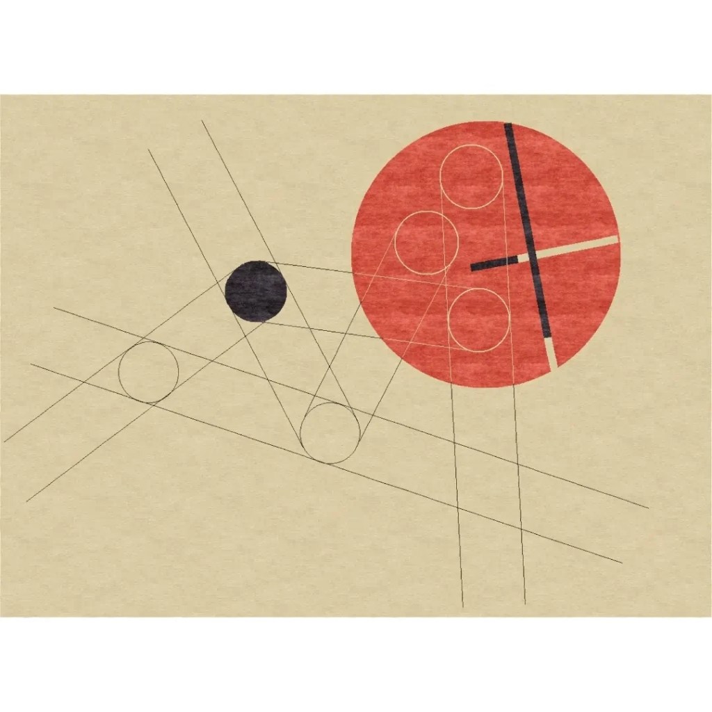 Tapis d'art personnalisé noué à la main d'après László Mohol-Nagy, titre inconnu (cercle rouge avec lignes). Le tapis a un fond beige crème, un grand cercle rouge et de fines lignes noires.