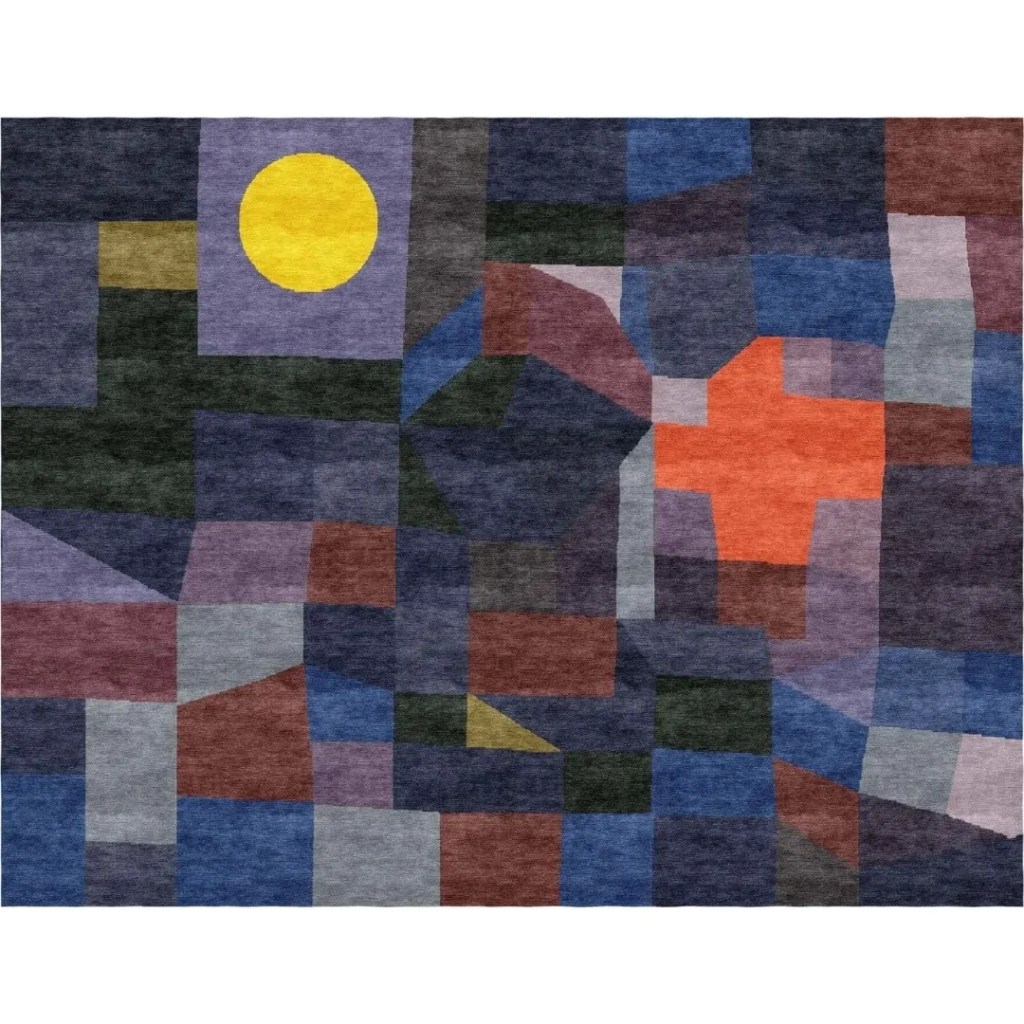 Tapis personnalisé fait à la main d'après le tableau de l'artiste Paul Klee "Feuer bei Vollmond" ("Feu à la pleine lune")