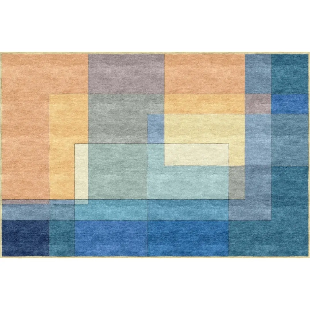 Tapis fait main sur mesure inspiré de l'œuvre " Maison sur l'eau " de Paul Klee. Par Rug Your Life. Tapis géométrique aux couleurs saumon, crème et bleu.