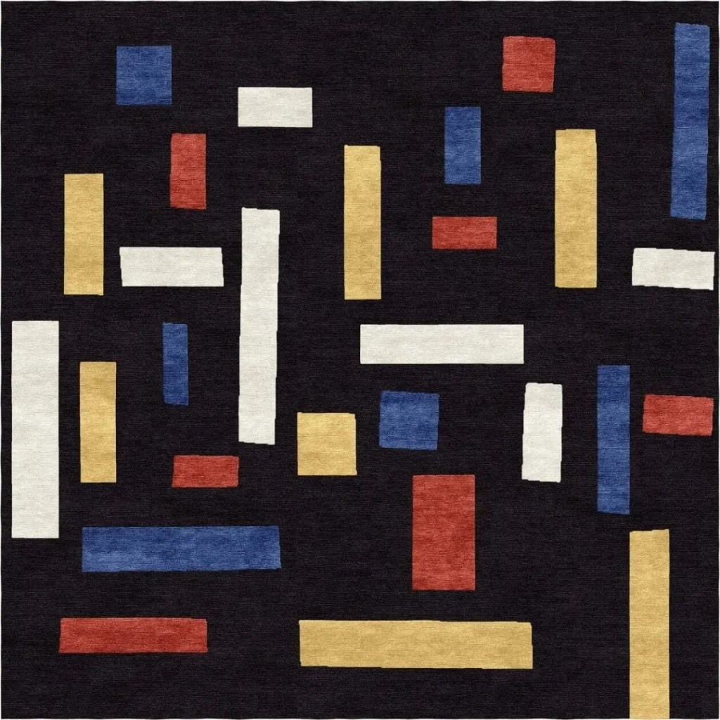 Un tapis géométrique saisissant inspiré du tableau “ Composition VII (Les Trois Grâces) ” de Theo van Doesburg, avec un fond noir et des motifs rectangulaires audacieux en jaune, rouge, bleu et blanc.