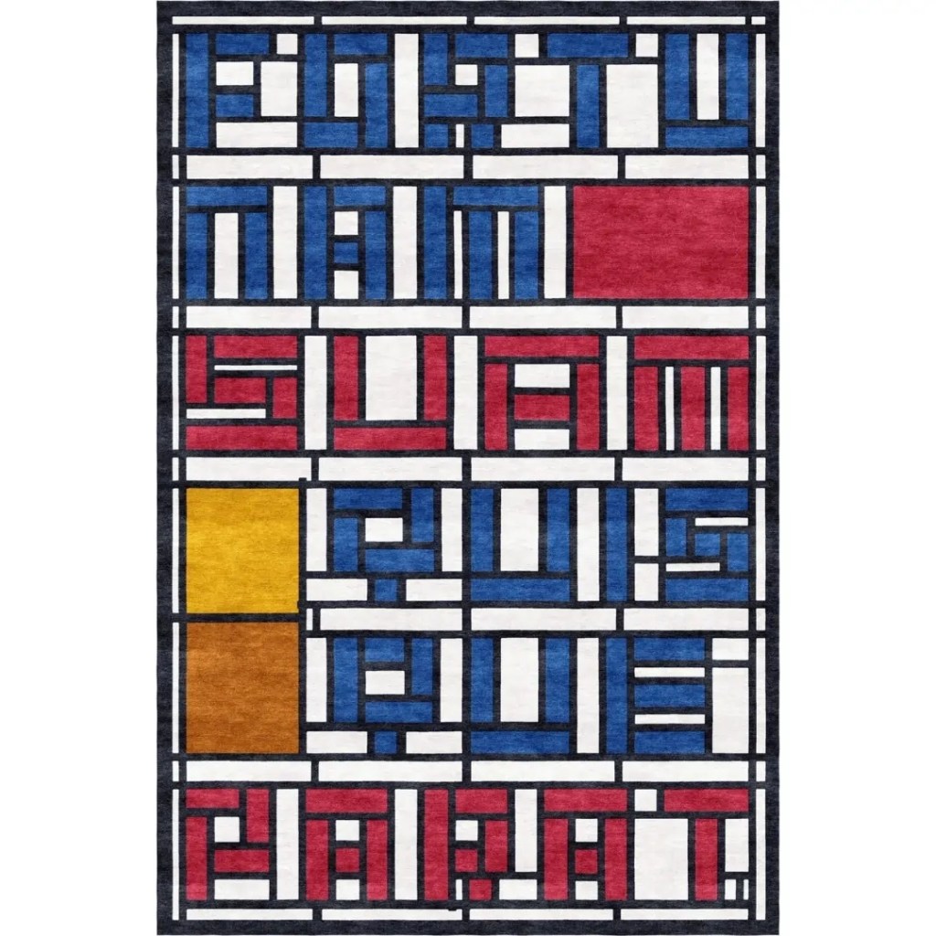 Tapis fait main sur mesure inspiré de l'œuvre de Theo van Doesburg " Vitrail, verre au plomb ". Par Rug Your Life. Le tapis est blanc avec des lettres rouges et bleues soulignées de noir.