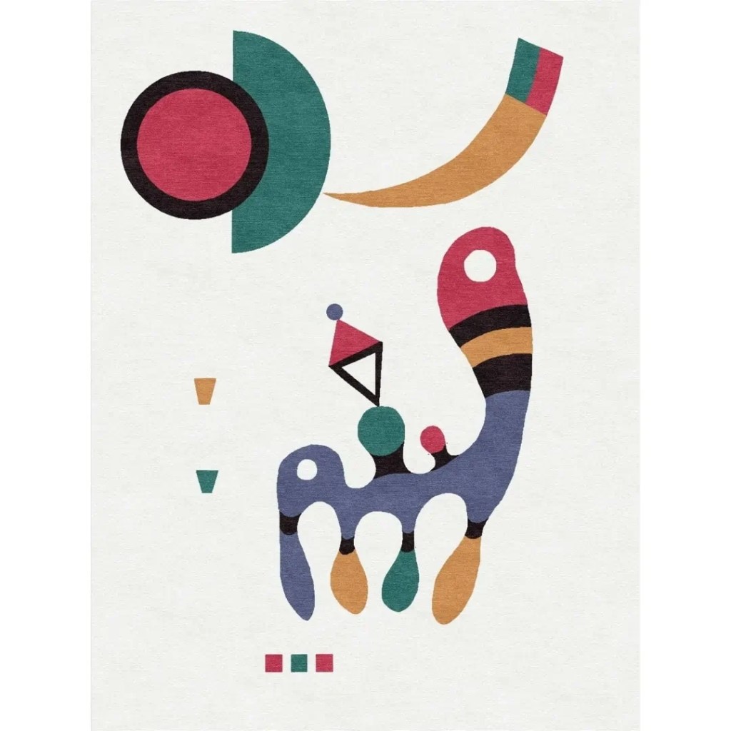 Tapis artisanal personnalisé inspiré de l'œuvre " Composition " (1944) de Wassily Kandinsky. Par Rug Your Life. Ce tapis artistique est abstrait et présente une base blanche ainsi que des couleurs bleues, rouges, vertes et jaunes.