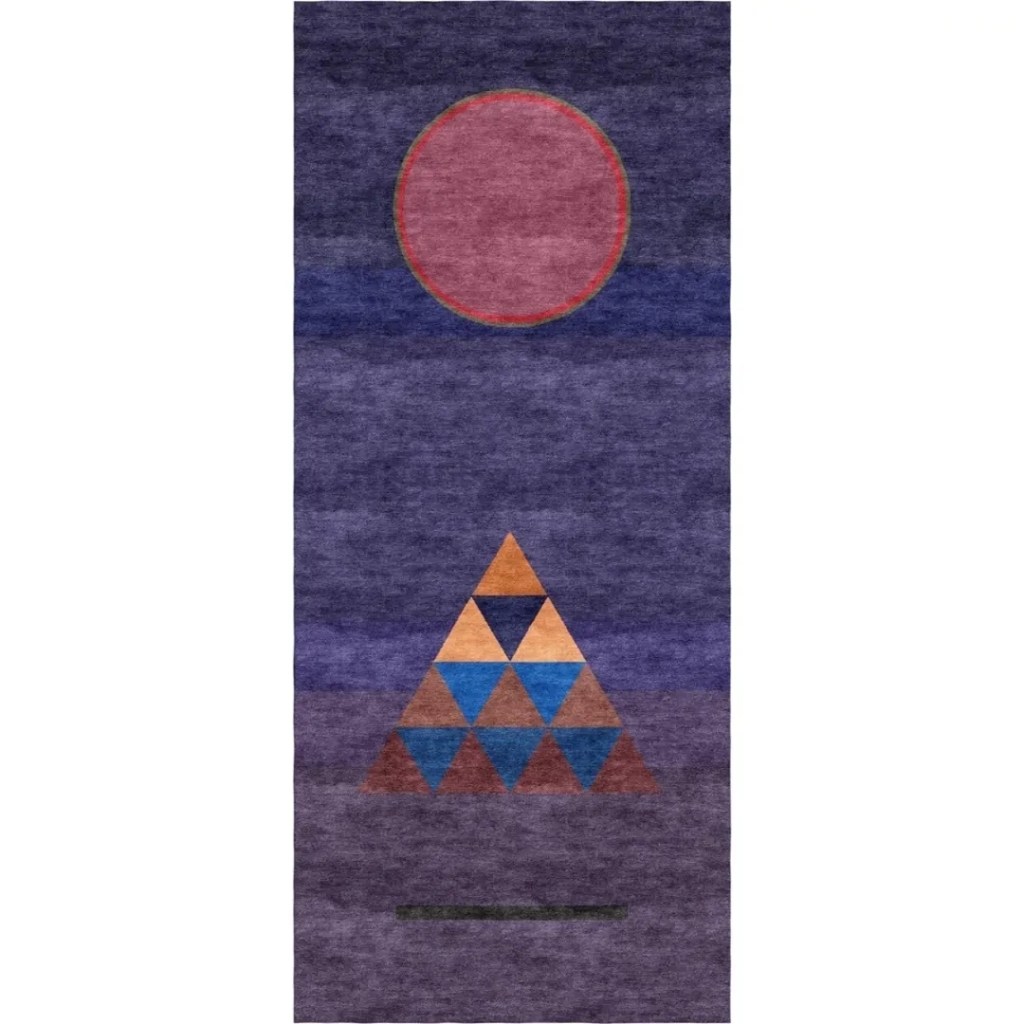 Tapis sur mesure noué à la main inspiré de Conclusion, de Wassily Kandinsky, dans les tons turquoise, bleu, violet et marron.