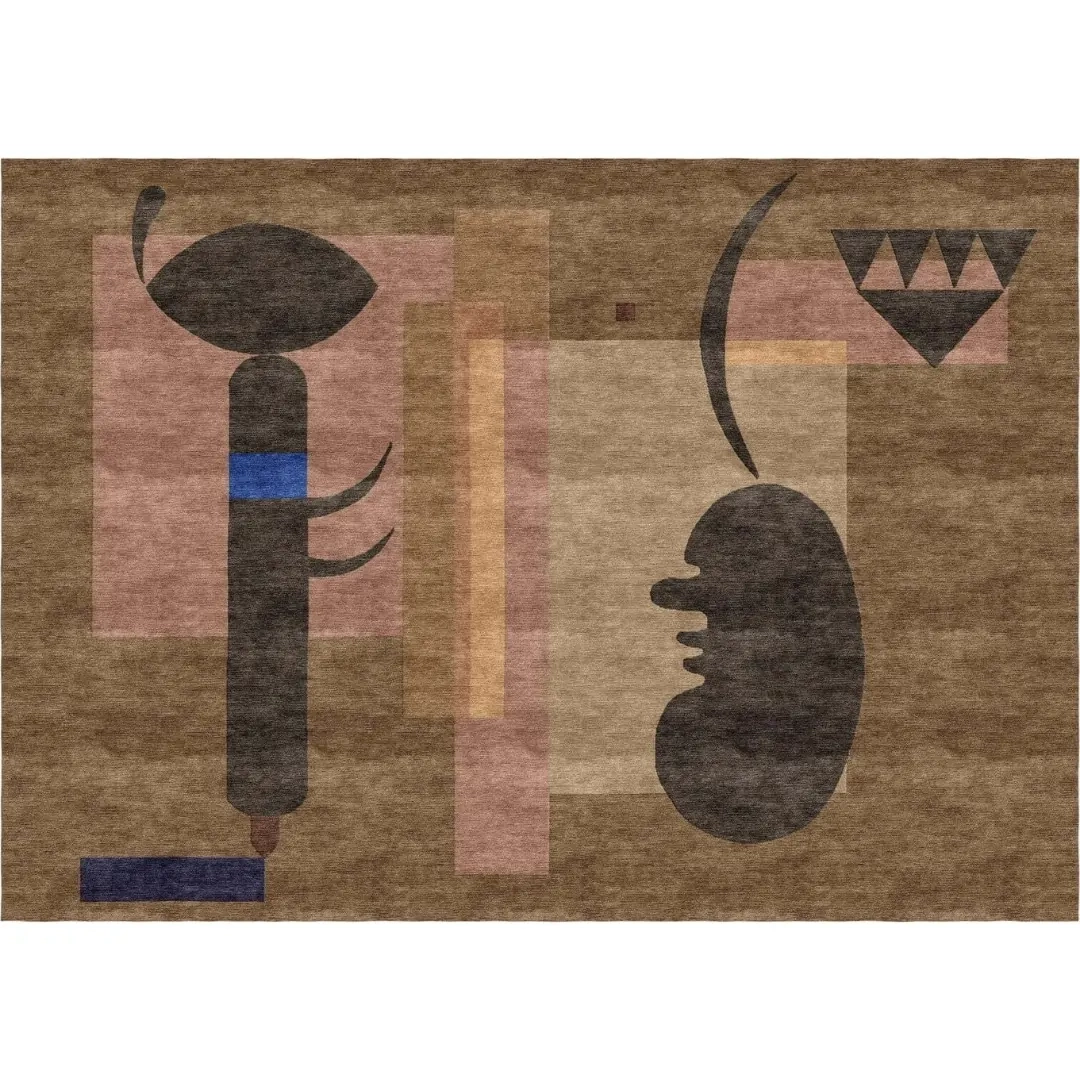 Tapis d'art personnalisé noué à la main d'après Wassily Kandinsky "Gloomy Situation" ("Düstere Szene"). Le tapis a un fond marron et des formes géométriques noires, jaunes et bleues.