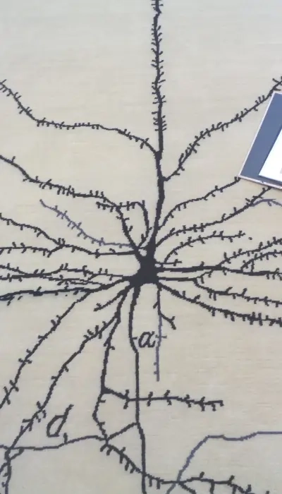Tapis sur mesure présentant des motifs complexes noirs ressemblant à des neurones sur fond beige, symbolisant la connexion et le savoir-faire artisanal.