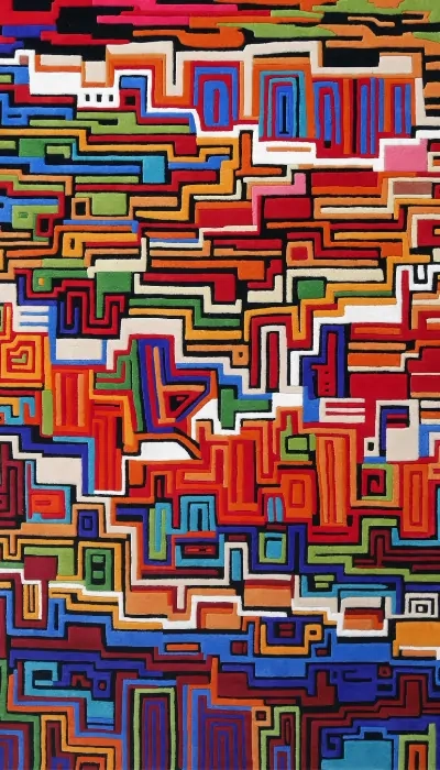 Vue détaillée d'un tapis géométrique personnalisé aux couleurs vives telles que le rouge, l'orange, le vert et le bleu, mettant en valeur un savoir-faire artisanal de précision.