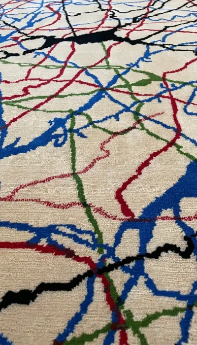 Tapis abstrait fait main aux tons doux et discrets rappelant un paysage naturel serein, idéal pour les intérieurs modernes.