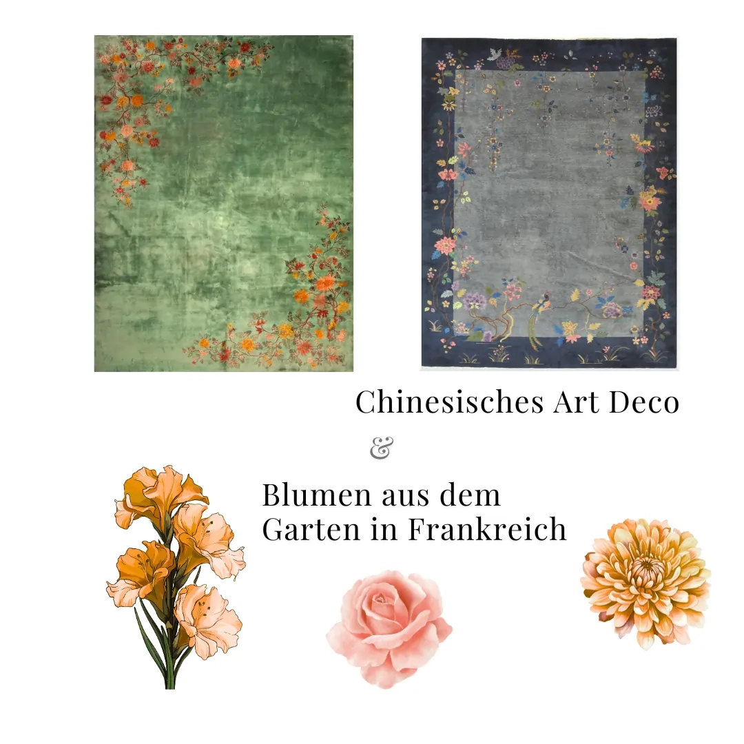 Zwei Teppiche im Stil des chinesischen Art déco und Blumen aus einem französischen Garten, umgeben von kunstvollen floralen Elementen.