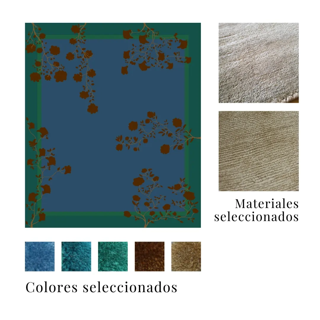 Un análisis detallado del diseño de una alfombra a medida en el que se muestran los colores y materiales seleccionados junto con un concepto de diseño.