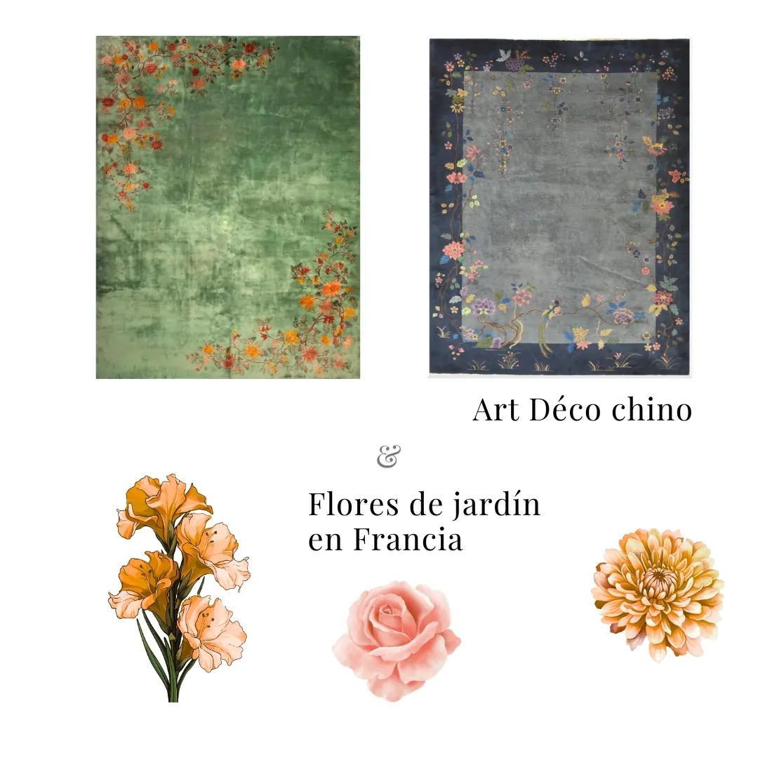 Dos estilos de alfombras inspirados en las alfombras chinas Art Déco de época y en las flores de un jardín francés, rodeadas de elementos florales artísticos.