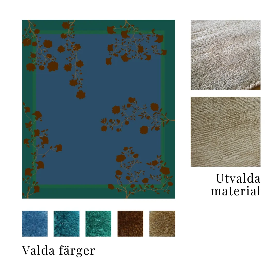 En detaljerad titt på en skräddarsydd mattdesign som visar utvalda färger och material tillsammans med ett designkoncept.