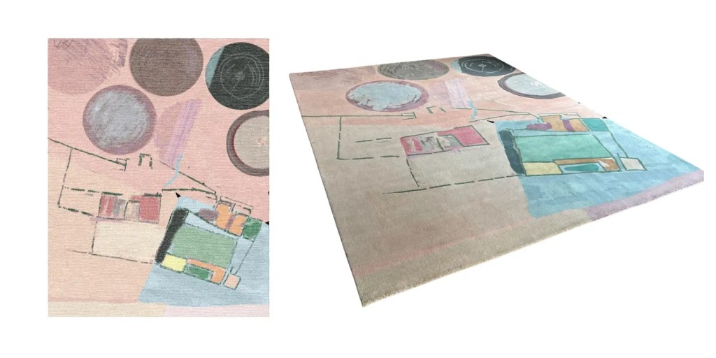 Comparación entre la maqueta digital o visualización de una alfombra y la alfombra una vez fabricada.