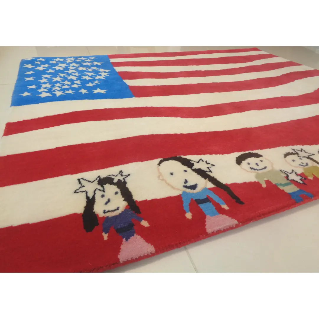 Alfombra de bandera americana con gente feliz basada en un dulce cuadro infantil