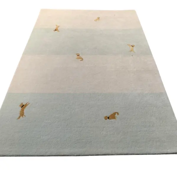 Bespoke handmade rug for interior design project in sage and cream with client's dog image (2)