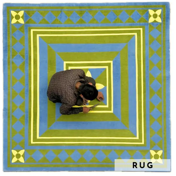 Blue, green, yellow geometric rug from mother to daughter (2)