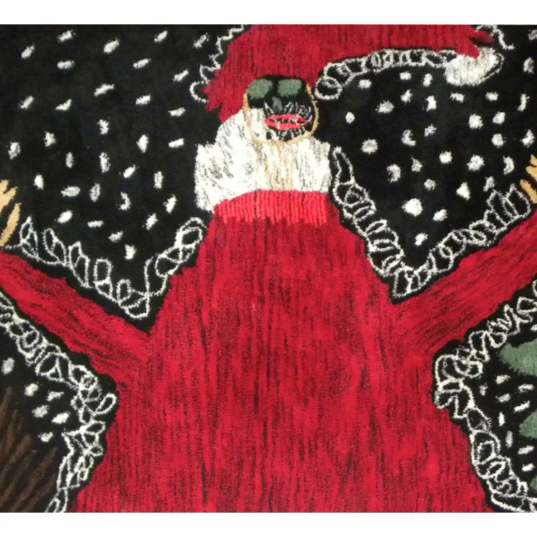 Alfombra de Navidad con Papá Noel, basada en el arte infantil, con cielo negro y noche nevada