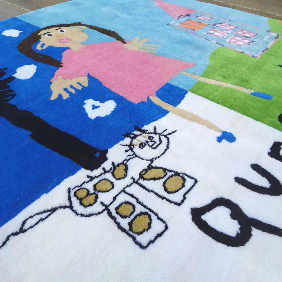 Primer plano de la alfombra de lujo hecha a mano para la niña que pintó el arte