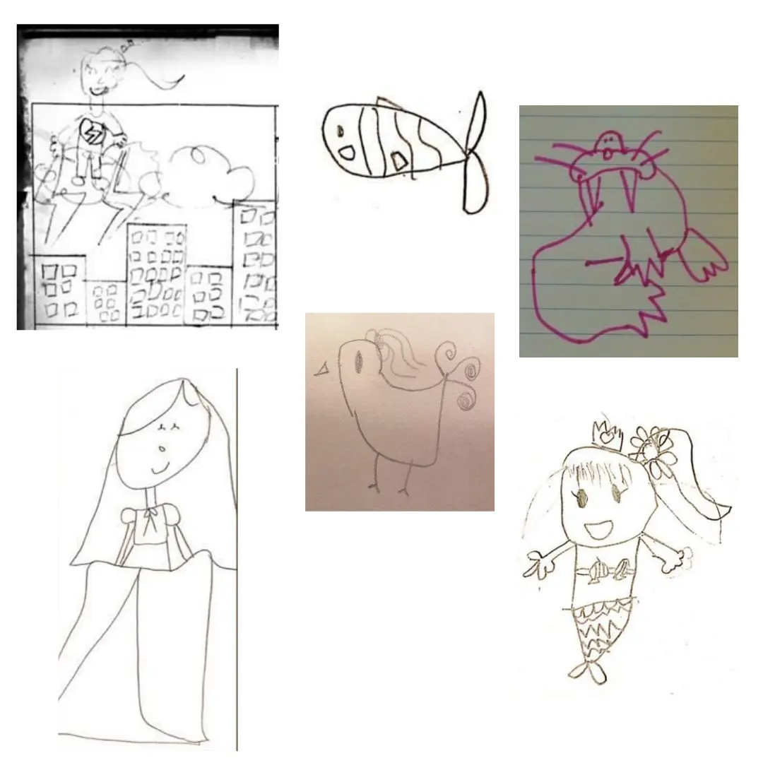 Diferentes obras de arte de dos niñas que se combinaron en su alfombra a medida