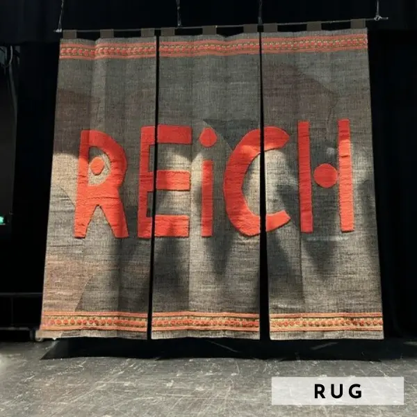 Flatweave very large hanging rug, tapestry, for National Theatre of Neuss, King Lear Production - square video testimonial 1685 (2)