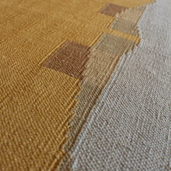 Flatwoven rug in linen, in orange and soft blue shades