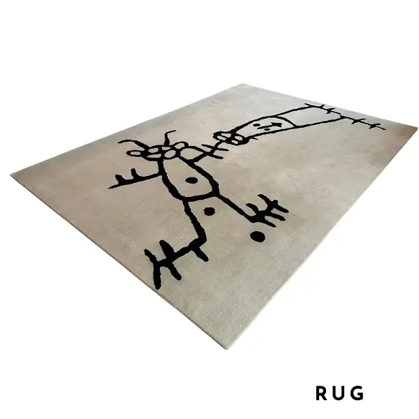 Handknotted bespoke rug in cream with black line drawing, 1665 square video testimonial (2)
