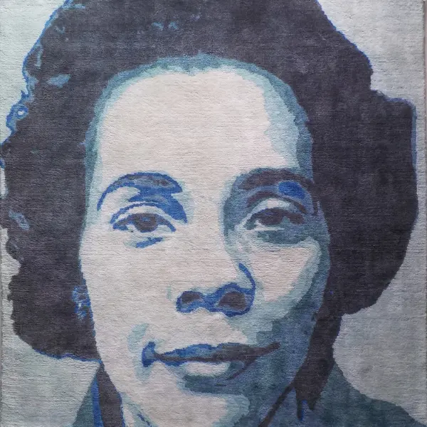 Handknotted linen rug, custom-made inspired by Coretta Scott King's portrait