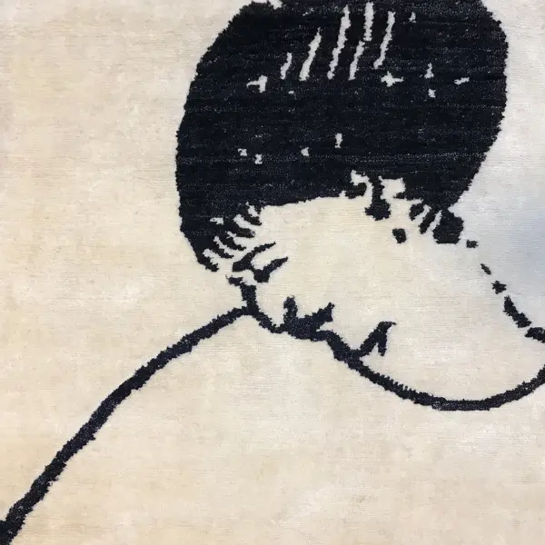 Handknotted rug in cream linen base and black bamboo silk drawing, inspired by Modigliani (Anna Akhmatova)