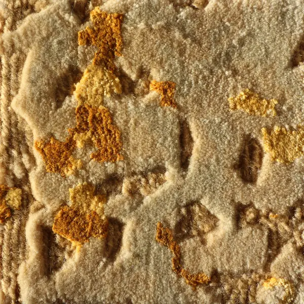 Front view of handknotted rug in wool and silk, combining loop pile in low pile with cut pile in high pile