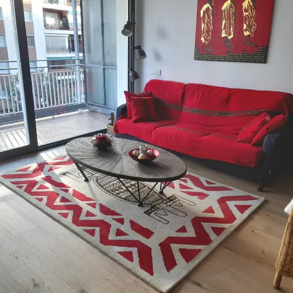 Handtufted rug based on African patterns, library book, red frame, cream rug, black drawing (2)