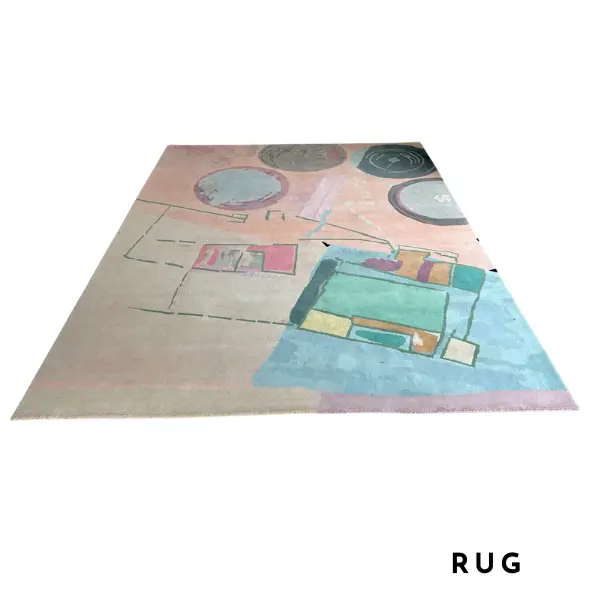Pink, green, and turquoise artwork as bespoke handmade rug