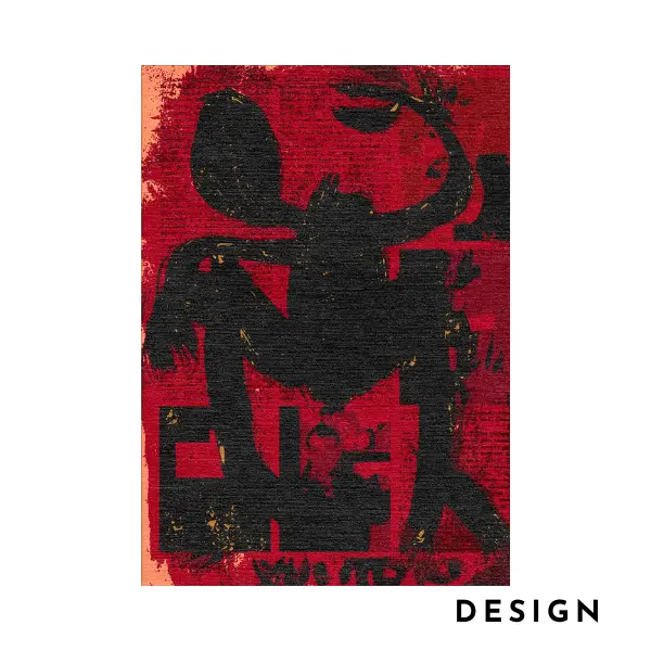 Red and black painting on newspaper artwork, design for luxury handmade rug