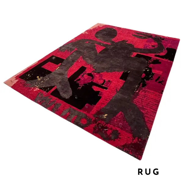 Red and black painting on newspaper artwork handknotted as luxury handmade rug