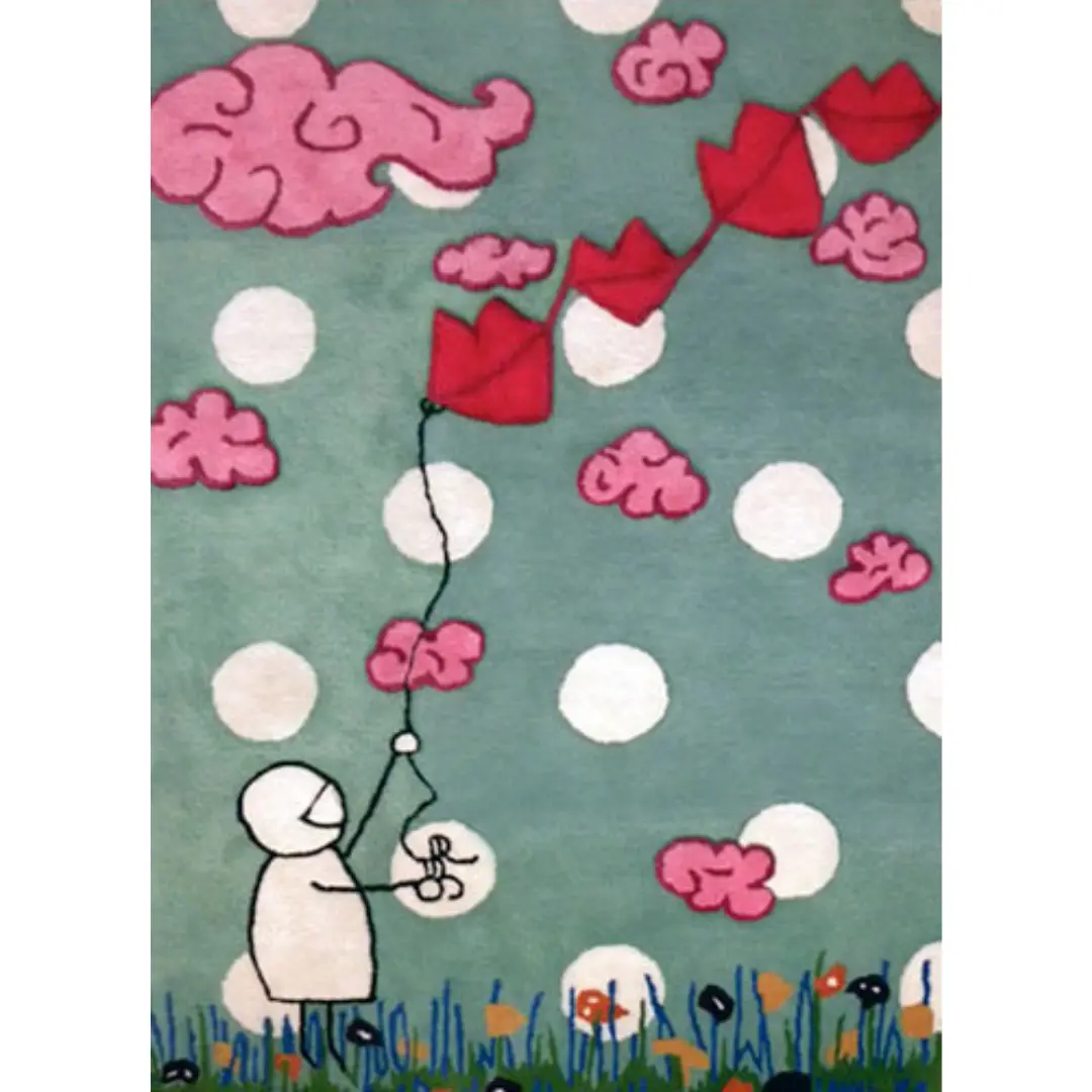 Alfombra dulce amor de madre, en base verde, con nubes rosas, y globos de labios besándose