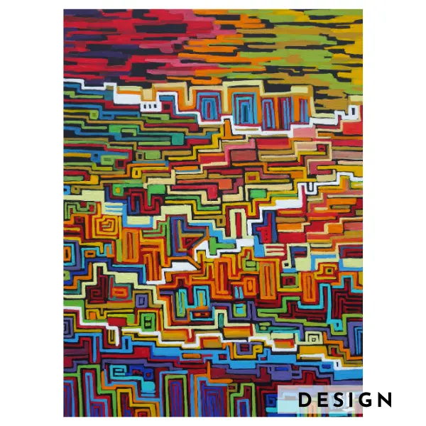 Very colourful artwork as city landscape, design for a bespoke handtufted rug