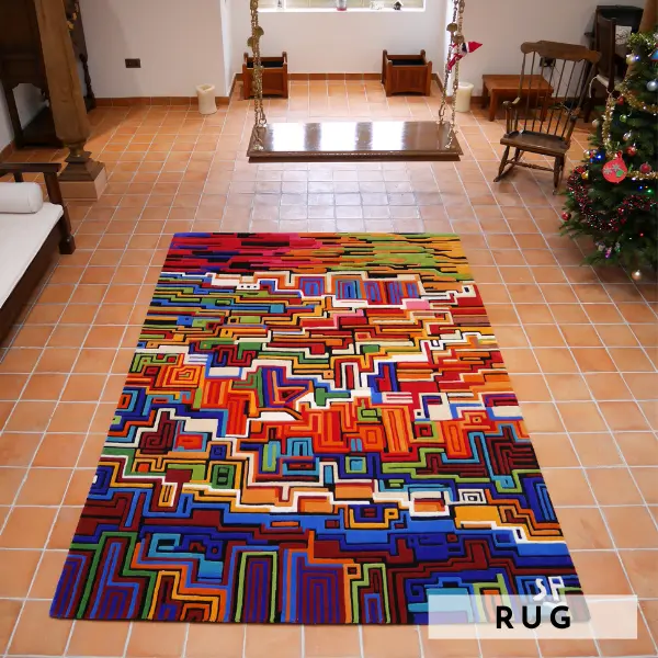 Very colourful artwork as city landscape transformed into a bespoke handtufted rug in high low pile