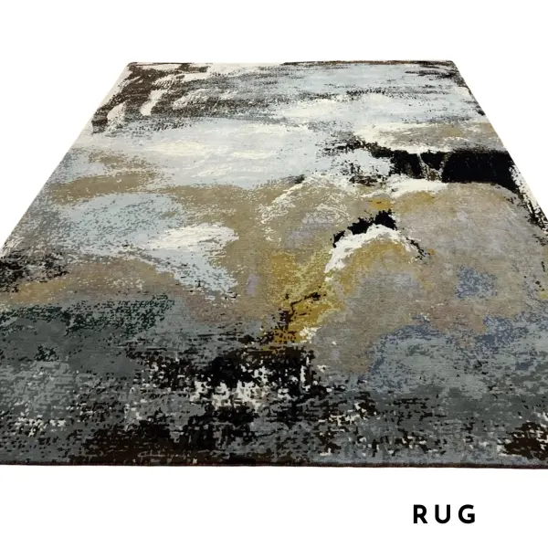 Tapis noué à la main sur mesure d'après la peinture abstraite de l'artiste Ashley January, dans des tons bruns, gris, blancs et noirs.
