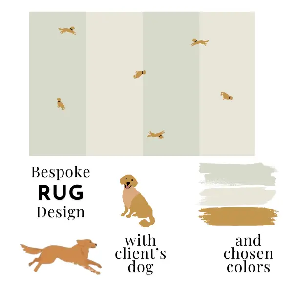 Tapis fait main sur mesure pour un projet de décoration intérieure, dans les tons sauge et crème, avec l'image du chien du client. 