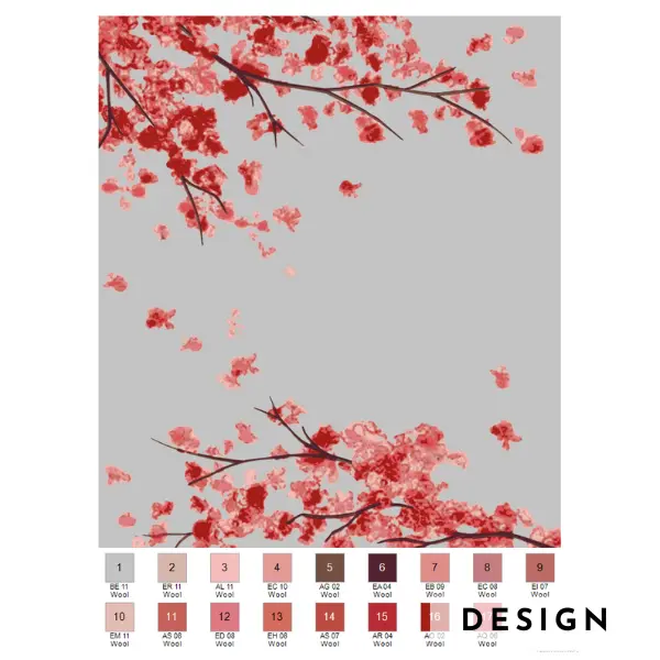 Tapis conçu sur mesure pour compléter un salon d'inspiration japonaise, avec des fleurs de cerisier en gris et rose.