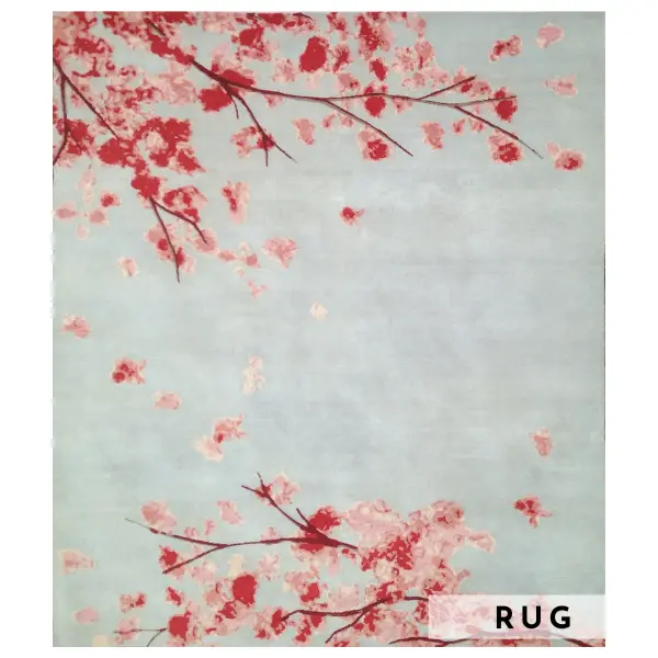 Tapis sur mesure pour compléter un salon d'inspiration japonaise, avec des fleurs de cerisier en gris et rose