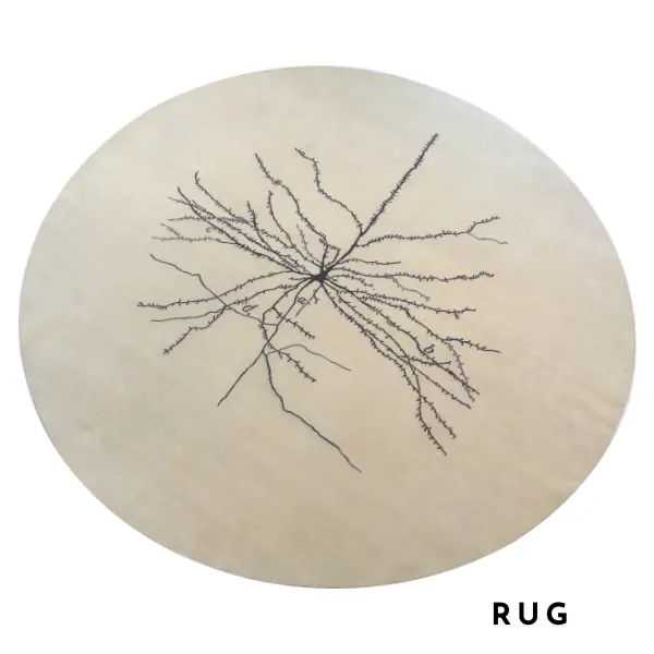 Tapis personnalisé en crème et noir, fabriqué à la main en s'inspirant d'un dessin de neurones de Ramon y Cajal