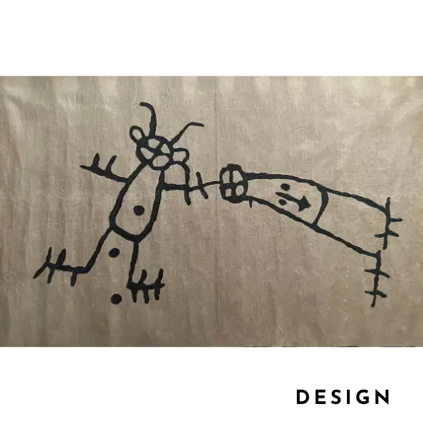 Œuvre d'art originale qui a inspiré un tapis sur mesure, moderne, minimaliste et unique, noué à la main, dans les tons crème et noir.
