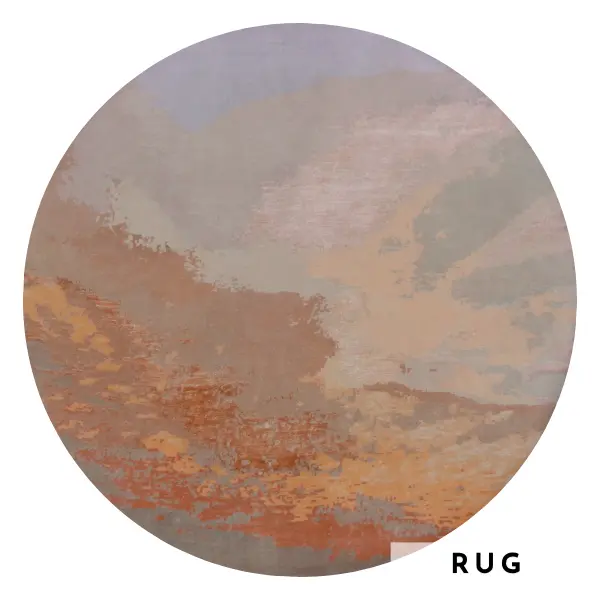 Tapis de luxe noué à la main sur mesure en laine et soie pure, inspiré d'une photo de coucher de soleil.