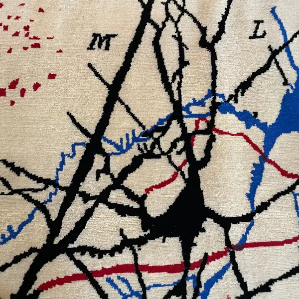 Gros plan d'un luxueux tapis noué à la main d'après le dessin de Ramon y Cajal, beige, rouge, vert, noir, bleu.