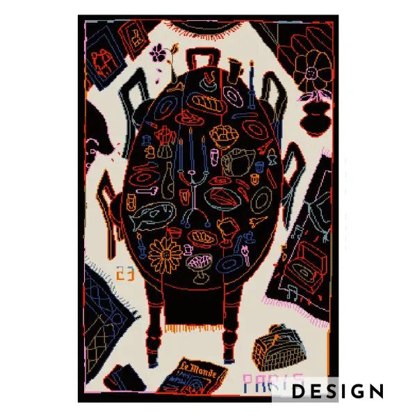 Design for Handknotted rug with black dining table and colourful items in Paris