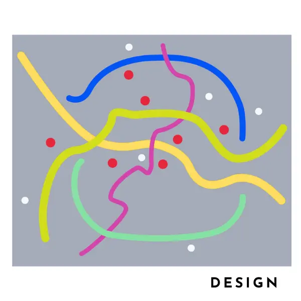 Dessin original pour un tapis tufté à la main inspiré du plan de métro de Paris, dans un style moderne et minimaliste, dans les couleurs gris, rose, vert, jaune et turquoise.