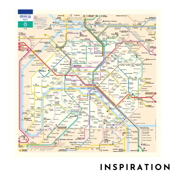 Inspiration pour un tapis tufté à la main inspiré du plan de métro de Paris, dans un style moderne et minimaliste, dans les couleurs gris, rose, vert, jaune et turquoise.