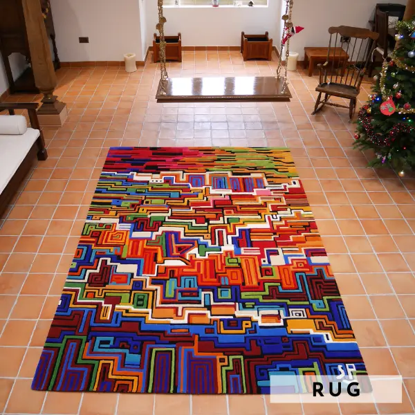 Tapis tufté à la main avec différentes hauteurs de poils et des lignes arrondies, très coloré, rappelant une ville imaginaire.