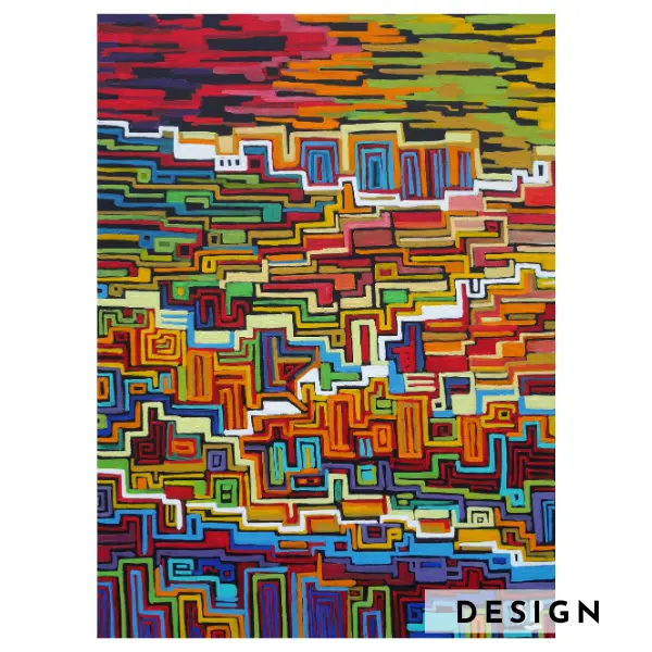 Dessin original pour un tapis tufté à la main, avec différentes hauteurs de poils et des lignes arrondies, très coloré, évoquant une ville imaginaire.