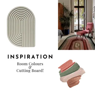 Inspiration for Handtufted rug in pink, cream, and green gradients to match the interior in the master bedroom. With spiral, curved shape